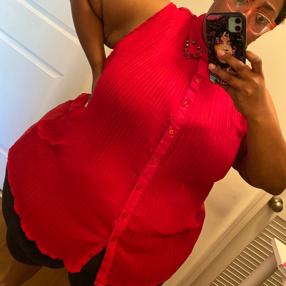 Red Sheer Button-Up Sleeveless Top